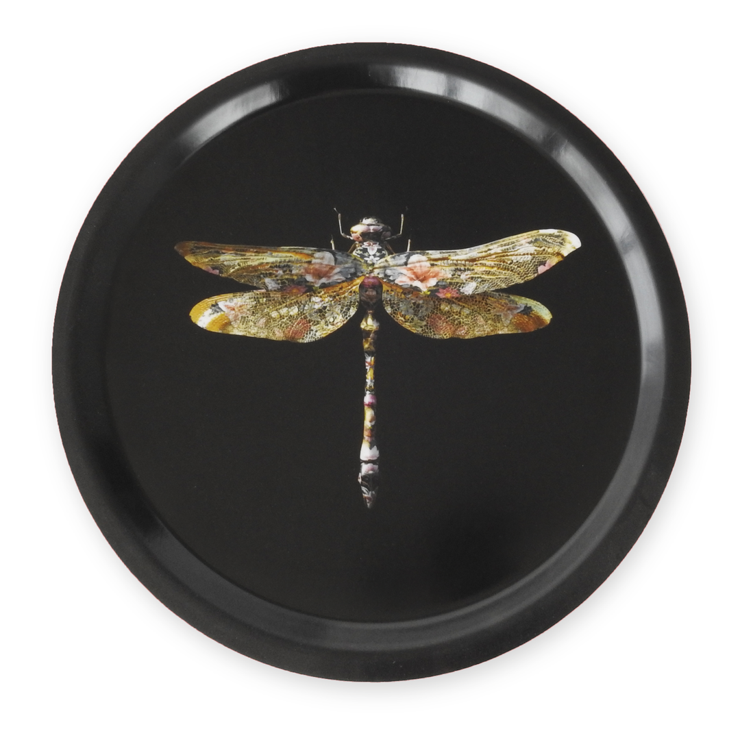 Anisoptera Botanicus small round tray with dragonfly design, handcrafted wooden tray, 31 cm diameter, dishwasher safe, FSC certified