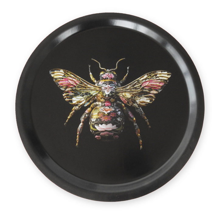 Bombus Botanicus small round tray with floral bee design, handcrafted FSC wood, 31 cm diameter, dishwasher safe.