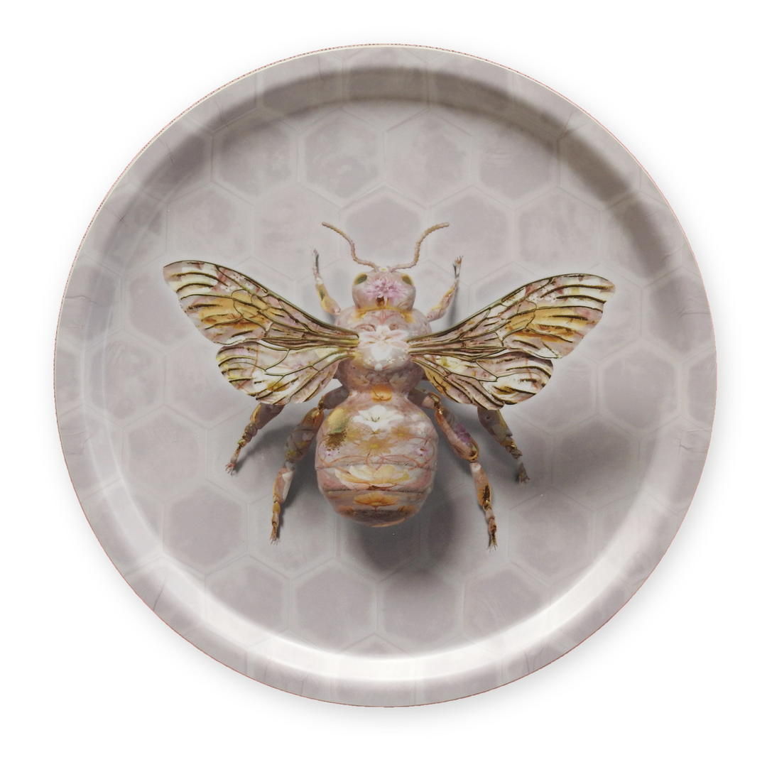 Bubblegum Bombus small round wooden tray with bee design and honeycomb pattern, handcrafted and dishwasher safe
