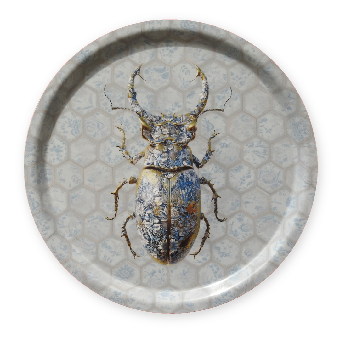 Small round birchwood tray featuring an artistic Lucanidae design, handcrafted in Sweden.