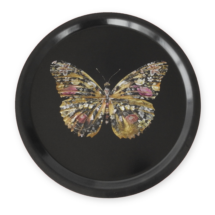 Papilio Botanicus small round black tray with butterfly design handcrafted in Sweden, FSC certified wood, 31 cm diameter