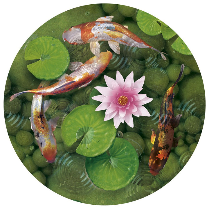 Limited edition print of koi fish swimming around a pink lotus flower on green lily pads in water, signed and numbered with certificate of authenticity.