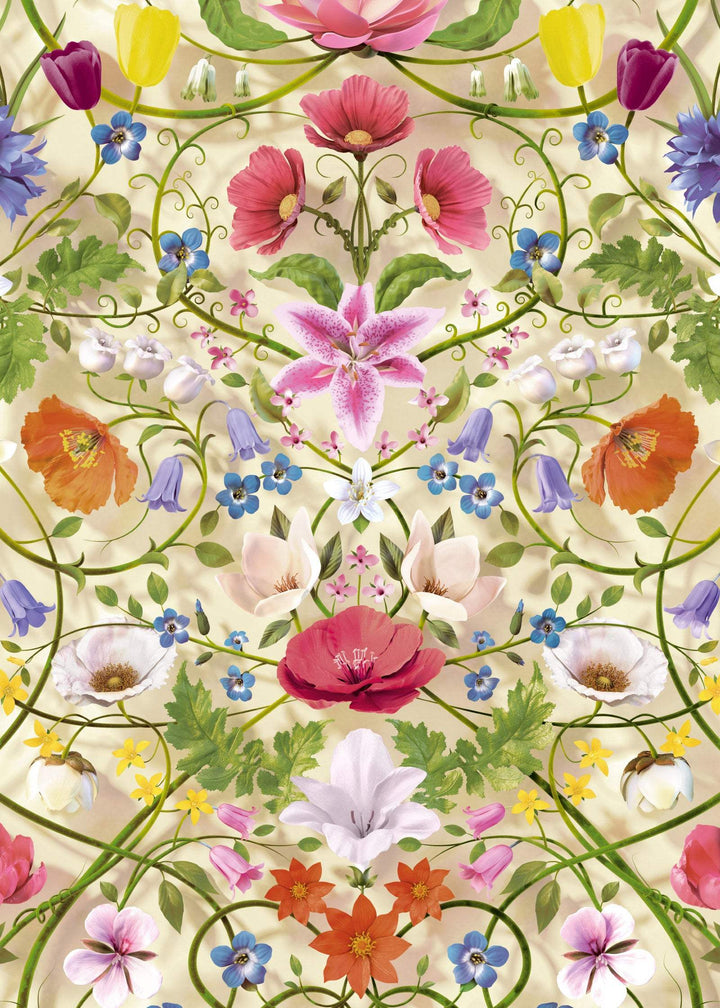 Luxury floral wallpaper with detailed symmetrical botanical design in vibrant colors