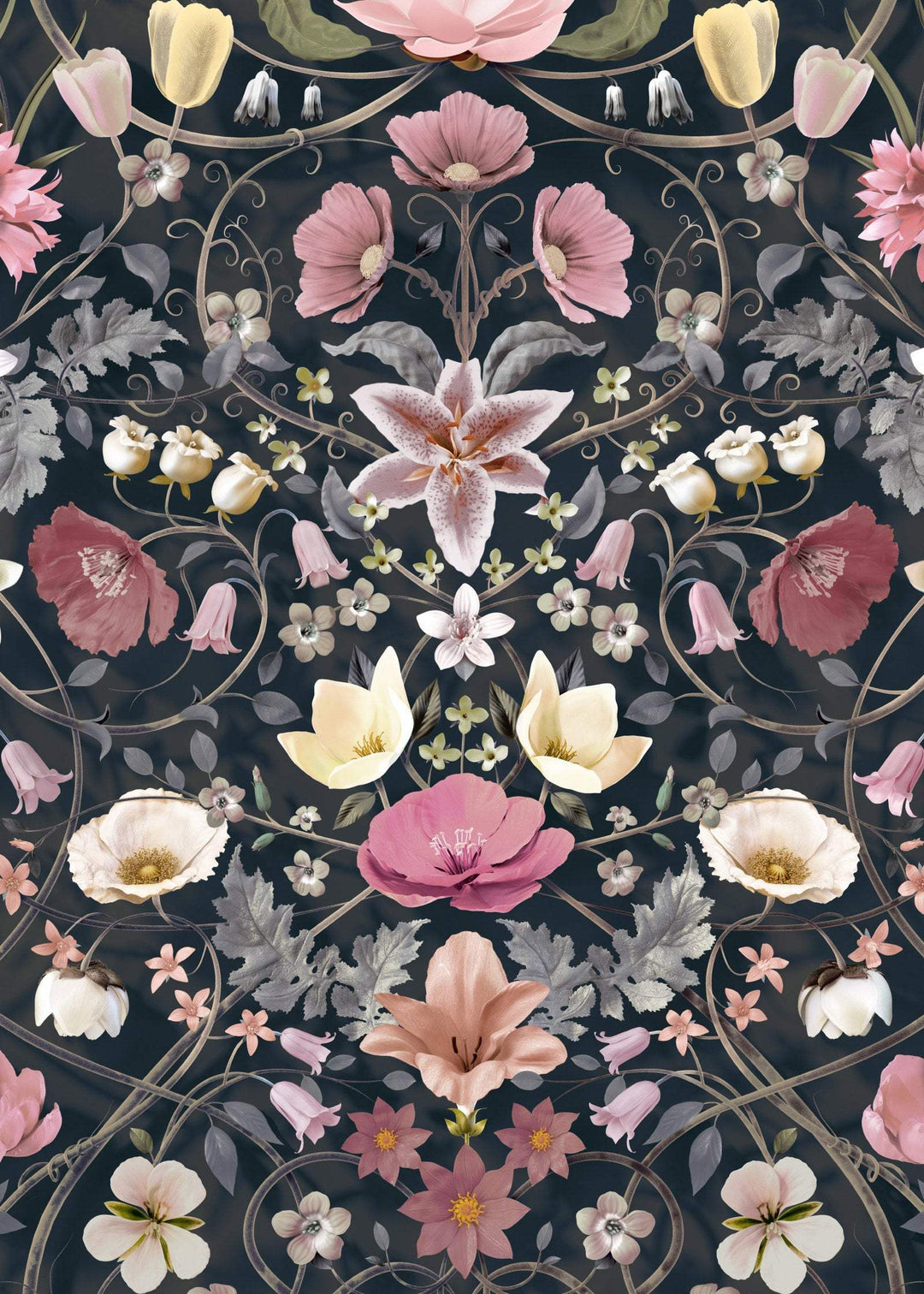 Flora Botanica Noir floral wallpaper with detailed symmetrical botanical design on dark background