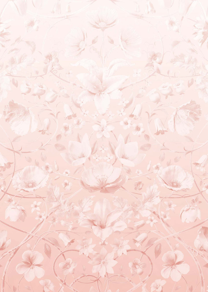 Floral patterned Flora Botanica Fade wallpaper in soft Arizona Dust pink shade with delicate botanical design