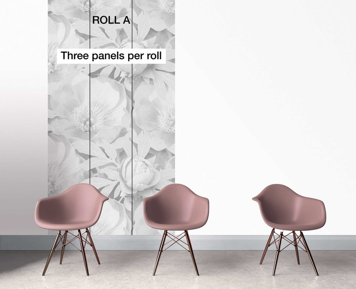 Peony SUPERSIZED wallpaper with large detailed floral panels and subtle shading displayed behind pink chairs