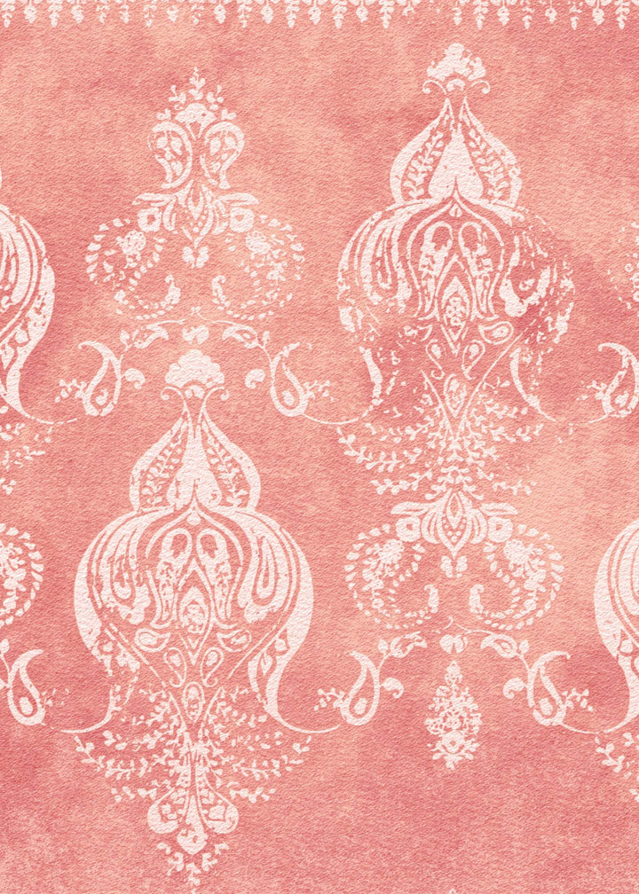 Pink distressed walls wallpaper with intricate vintage damask pattern and subtle textured patina effect