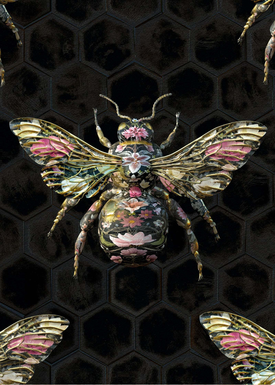 Bee wallpaper featuring intricate floral-patterned bees on a dark hexagonal background, Bombus Botanicus design