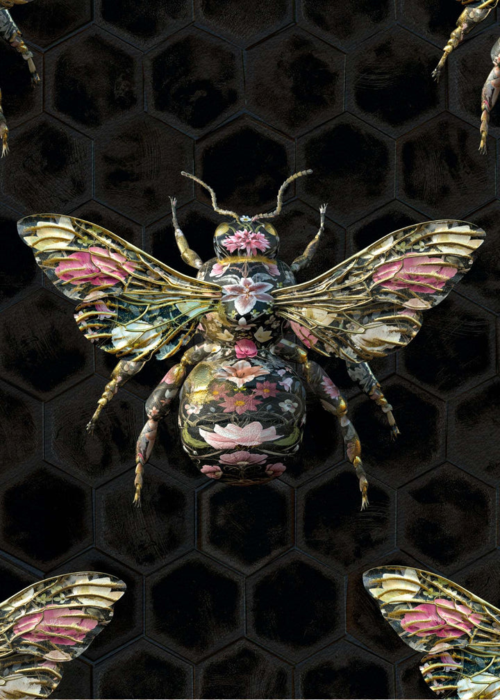 Bee wallpaper featuring intricate floral-patterned bees on a dark hexagonal background, Bombus Botanicus design