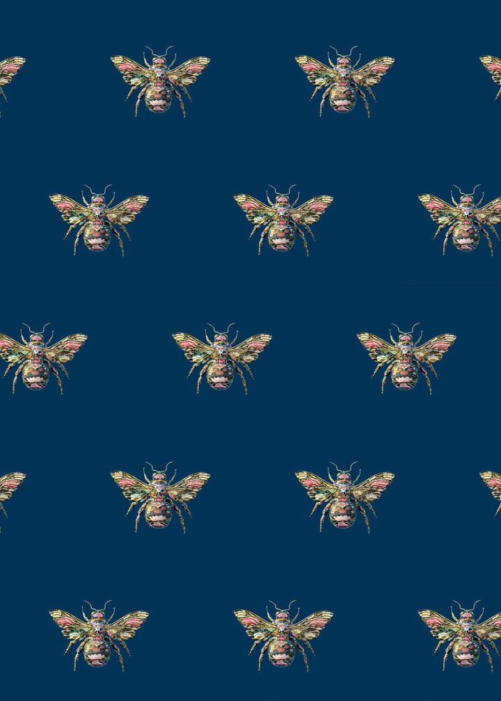 Bee wallpaper with detailed bumblebee pattern on deep navy background, elegant and nature-inspired design
