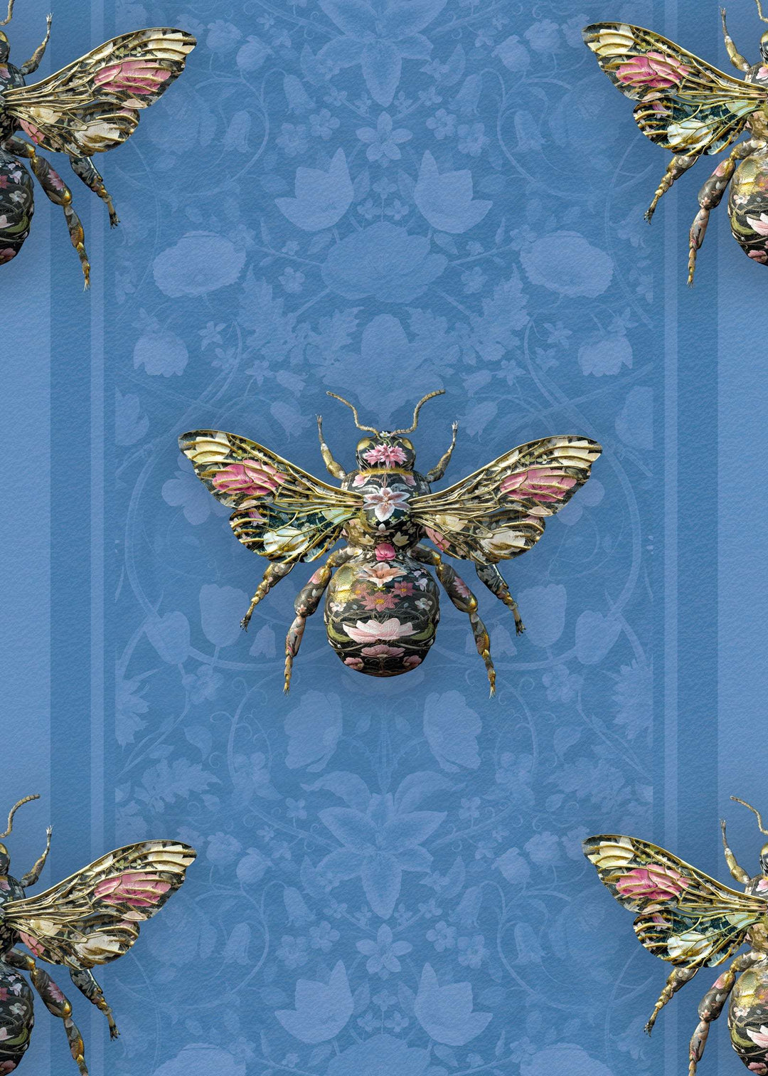 Bombus wallpaper with blue background and detailed bee pattern, uncoated non-woven, 52cm repeat height, fire certified