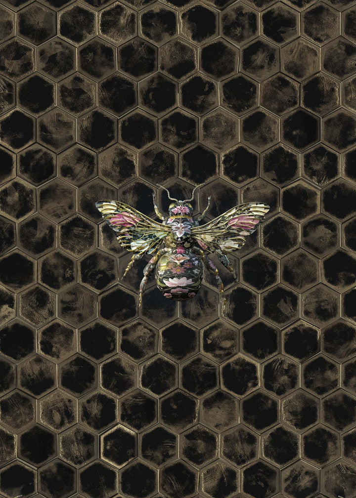 Luxury Bee Wallpaper featuring dark hexagonal pattern with detailed bee motif for elegant interior design