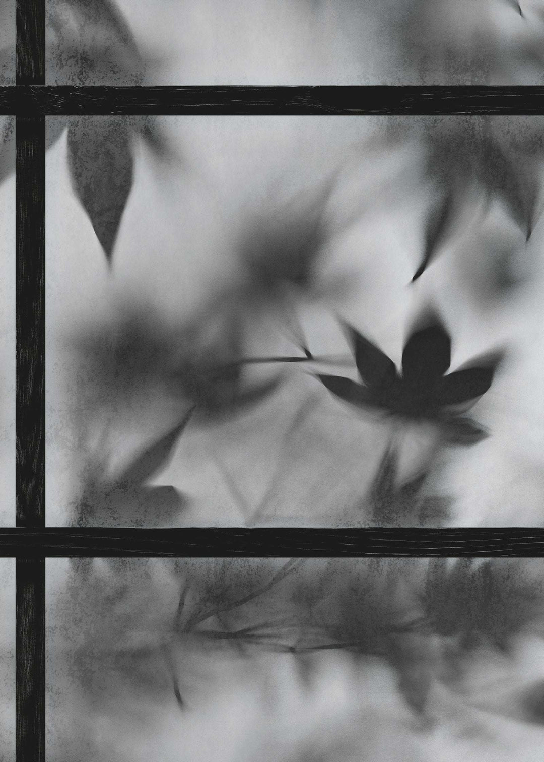 Black and white calming Zen wallpaper with Japanese screen effect and diffused maple leaf design