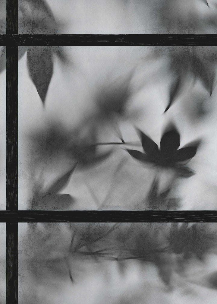 Black and white calming Zen wallpaper with Japanese screen effect and diffused maple leaf design