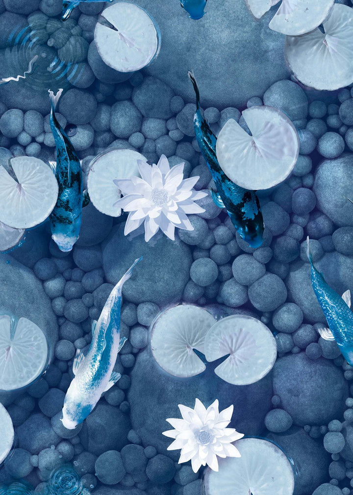 Petrol blue koi carp fish wallpaper with lily pads and water plants design