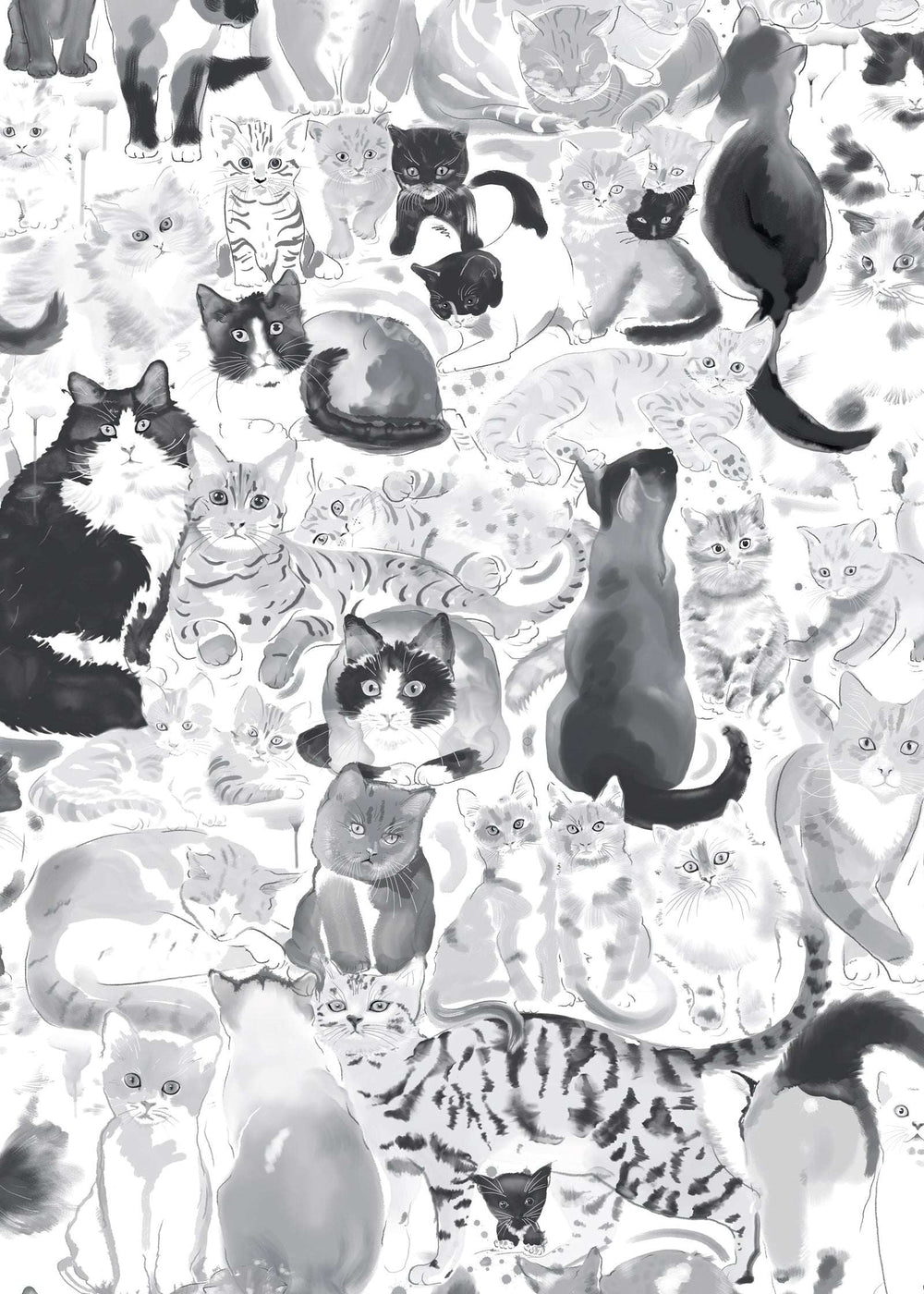 Black and white illustrated cat wallpaper pattern with various cat poses and expressions, Feline Groovy design.