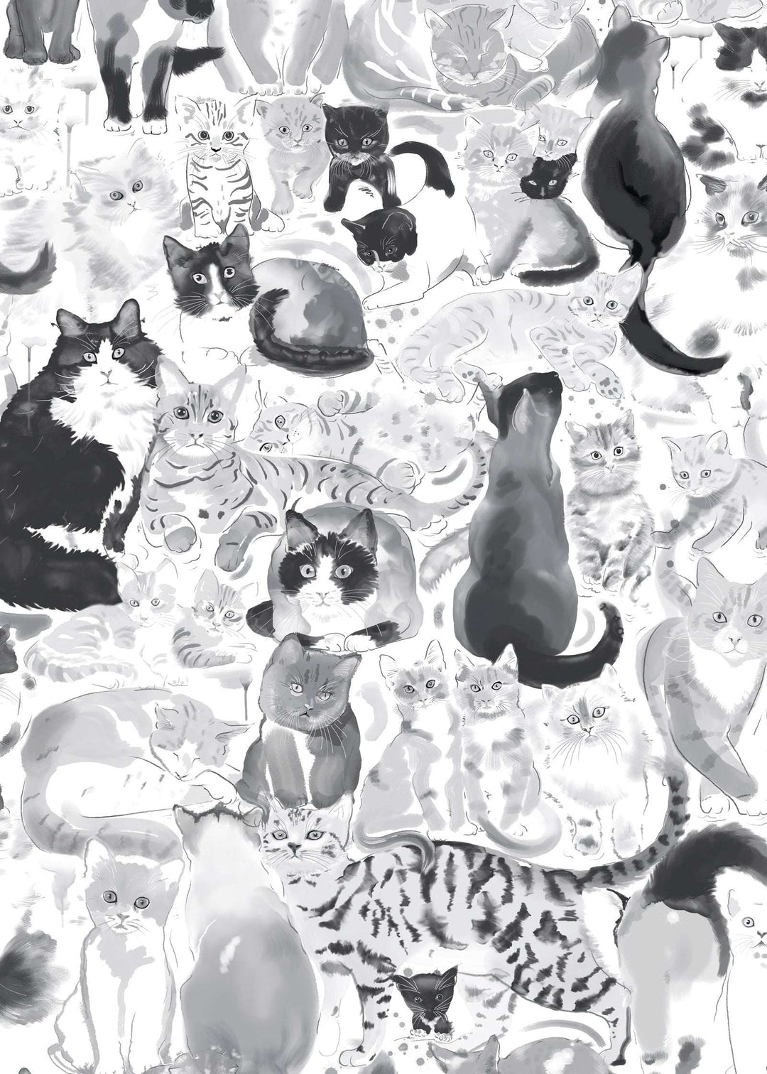 Black and white illustrated cat wallpaper pattern with various cat poses and expressions, Feline Groovy design.