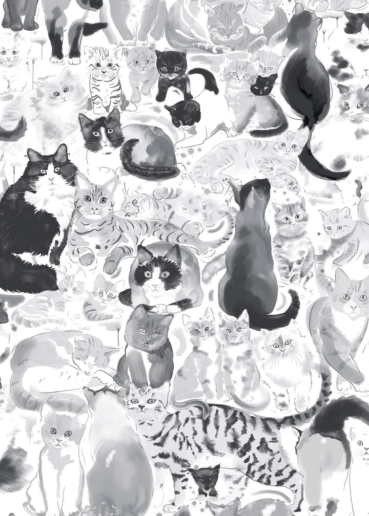Black and white illustrated cat wallpaper pattern with various cat poses and expressions, Feline Groovy design.