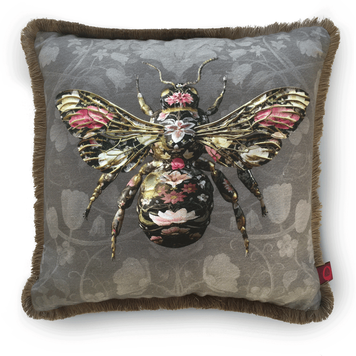 Bombus Botanicus Grey Linen Fringed Cushion