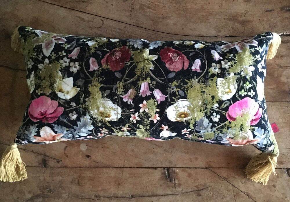 Flora Botanica Velvet Cotton Tasselled Bolster cushion